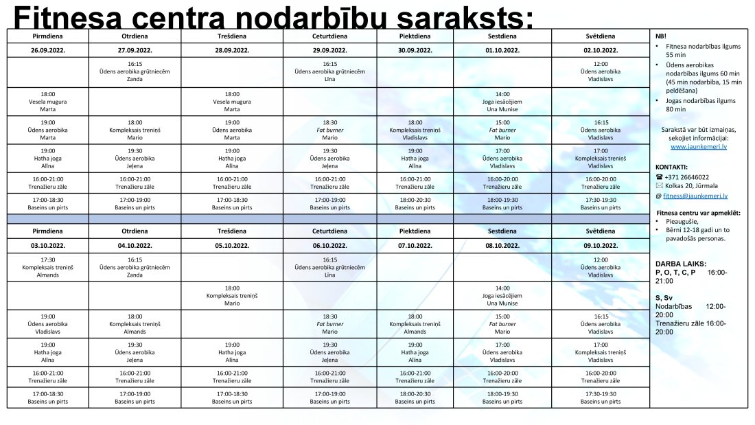 Fitnesa nodarbību grafiks septembrī-oktobrī